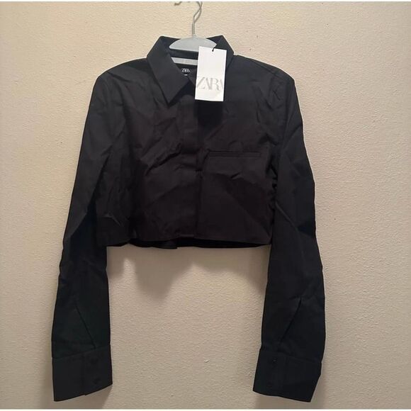 Zara NWT Long Sleeve Cropped Button Down Shirt Blouse Black Size XS - Picture 8 of 8